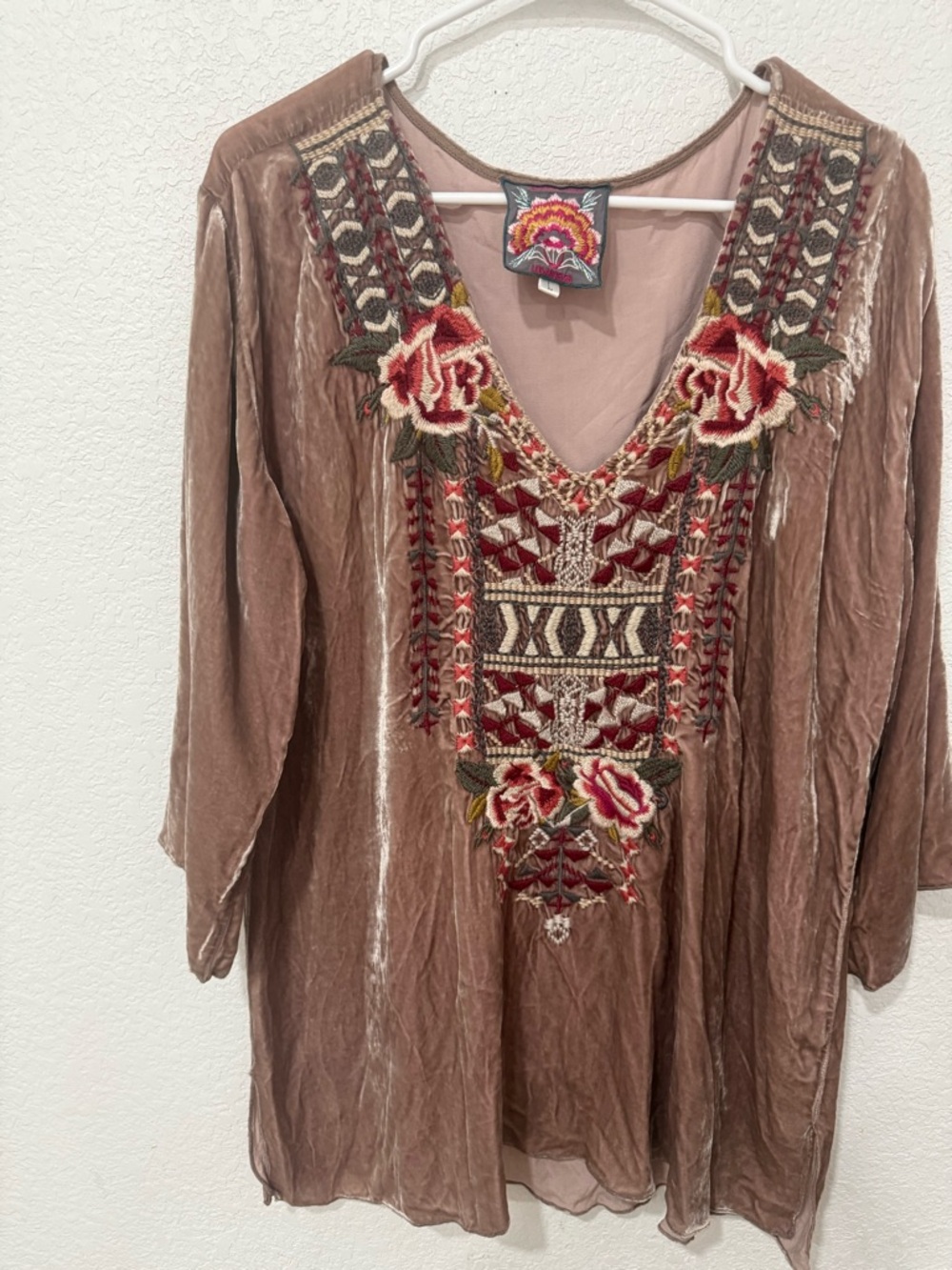 Johnny Was Pink and Gold Embroidered Floral Panel Top